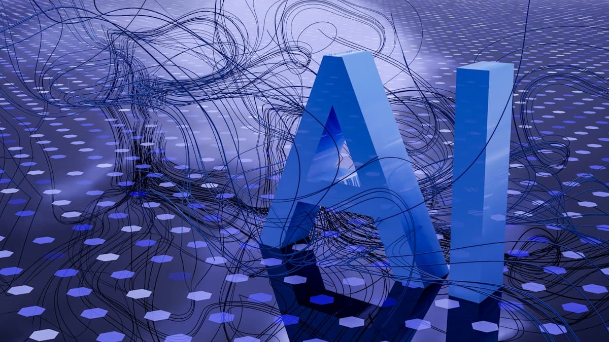 Abstract 3D graphic of the letters AI amid neural pathways