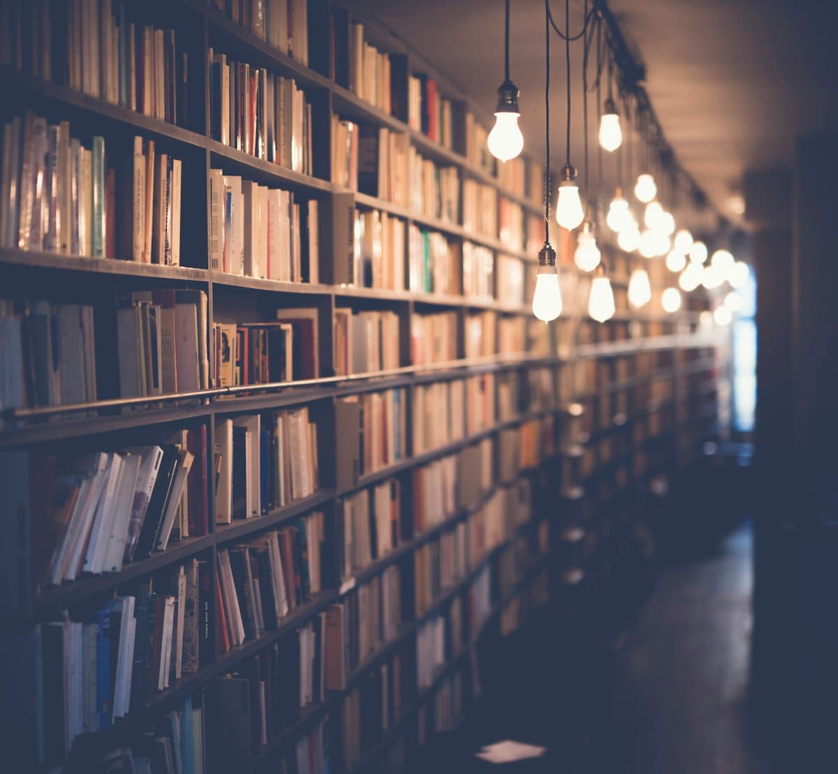 Warmly lit library aisle lined with books