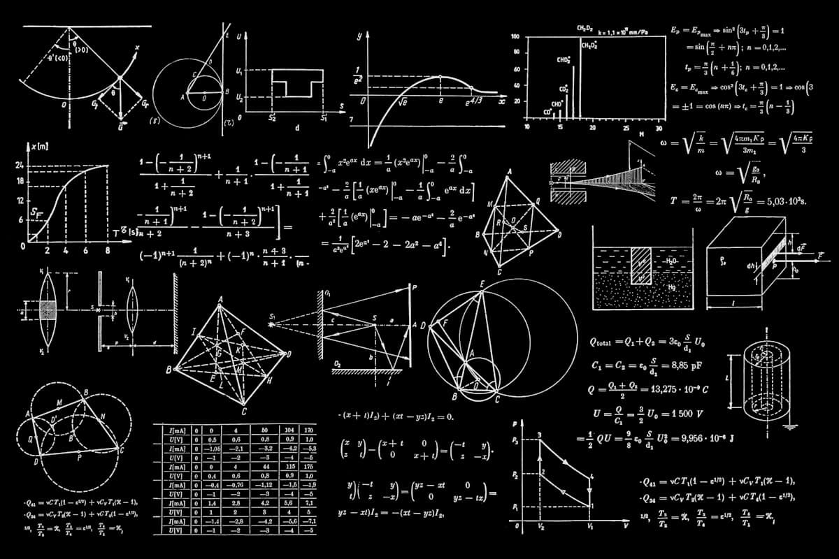 Chalkboard dense with mathematical formulas and diagrams